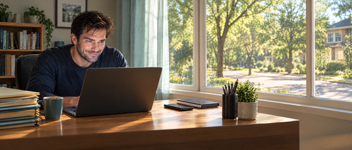 The same remote worker smiling at his laptop in bright daylight; the street outside is quiet
