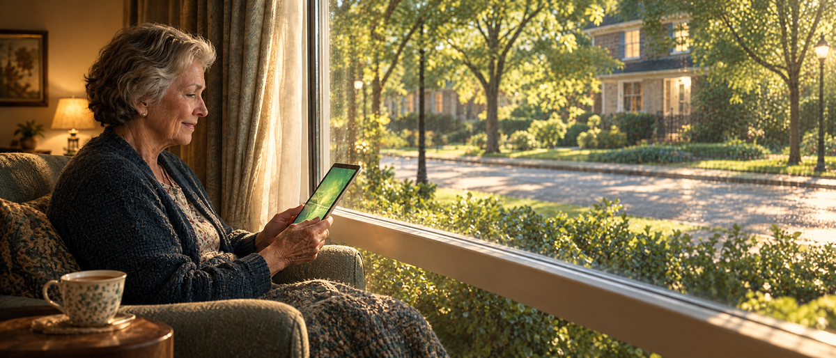 The same woman smiles at her tablet with tea by a sunny window; the street is quiet