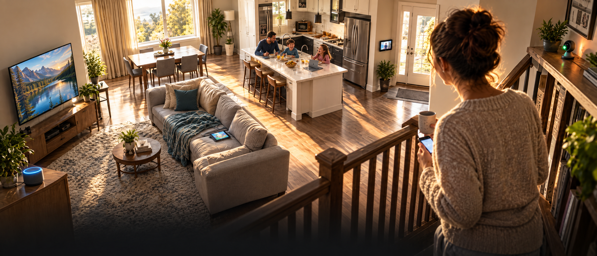 The same home in morning light, family at the kitchen island