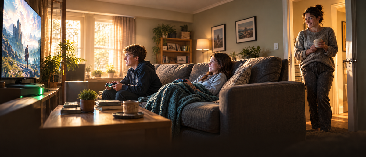 Same living room in warm morning light: two kids gaming and laughing on the sofa, mom smiling in the doorway with coffee