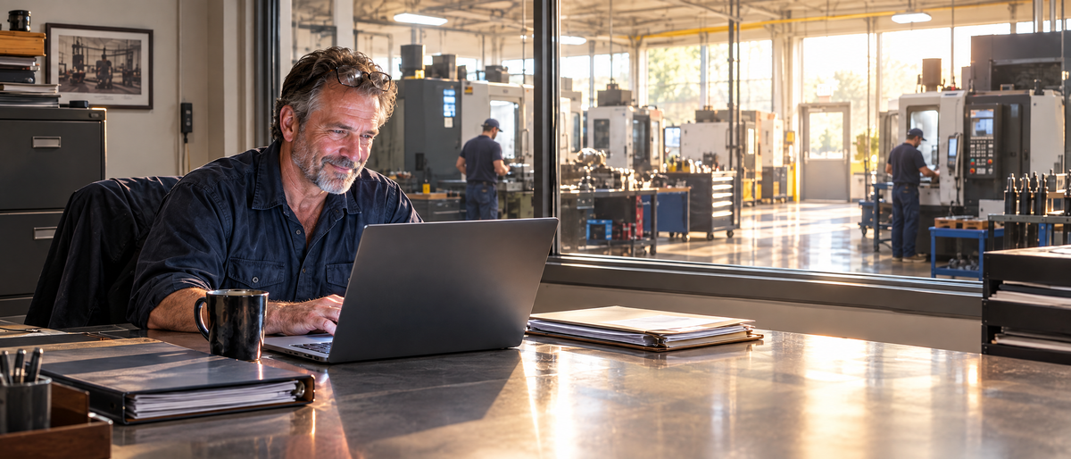 The same machine shop owner at his desk on a sunny morning, smiling as he sends an email, the shop floor busy behind him