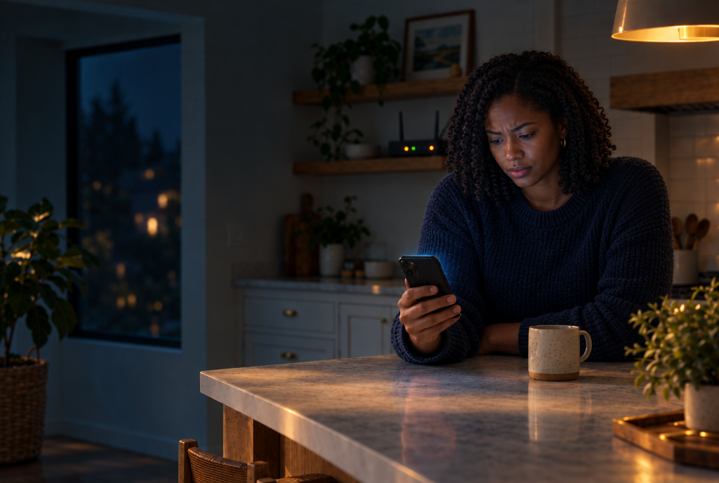 A woman at her kitchen counter reads router news on her phone.