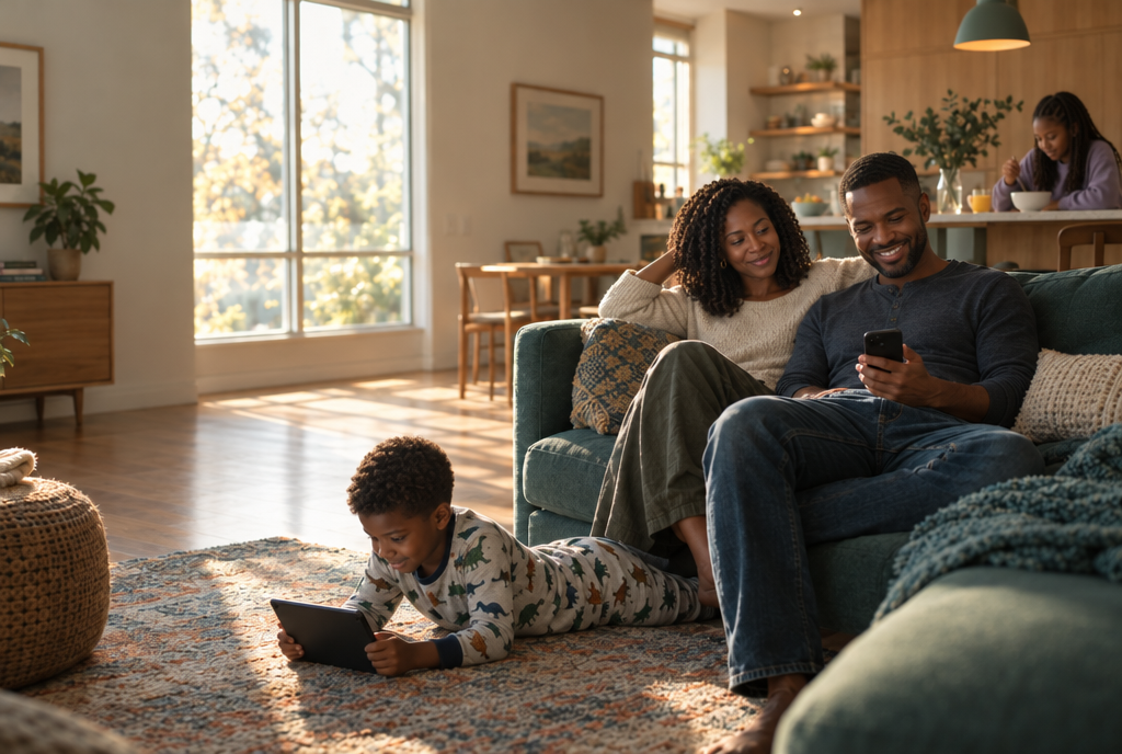 A family relaxes on the sofa in morning sun, kids on tablets, everyone online and calm.