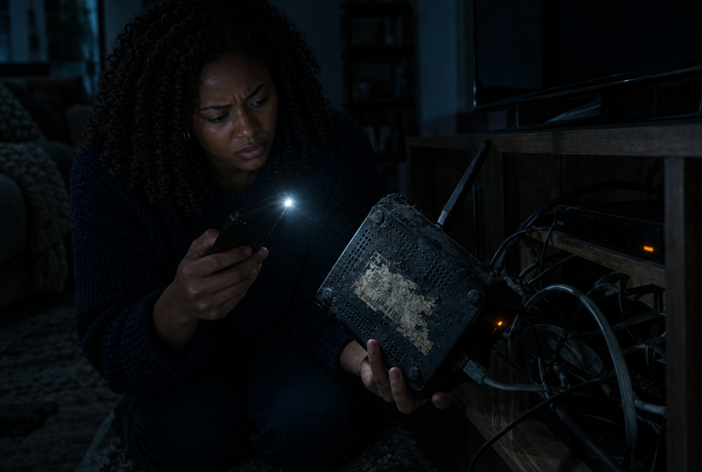 A worried woman uses her phone flashlight to read the faded label on a dusty old router in the dark.