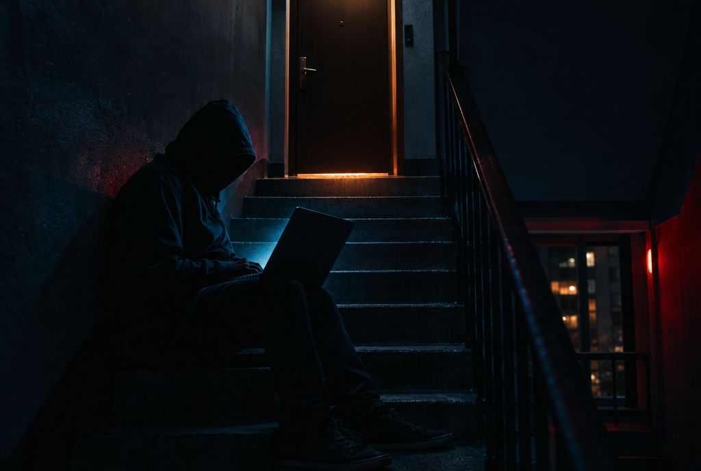 A hooded stranger with a laptop sits in a dark stairwell below an apartment door.