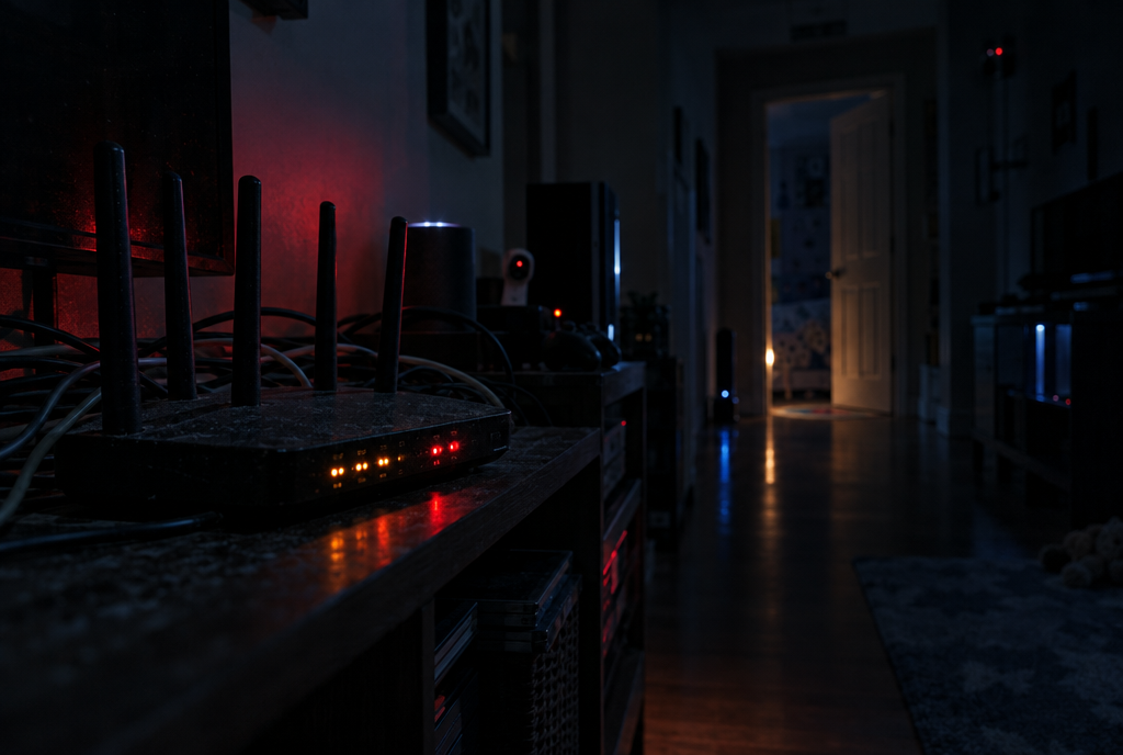 An old router blinking in a dark hallway, surrounded by glowing smart devices near a child's room.