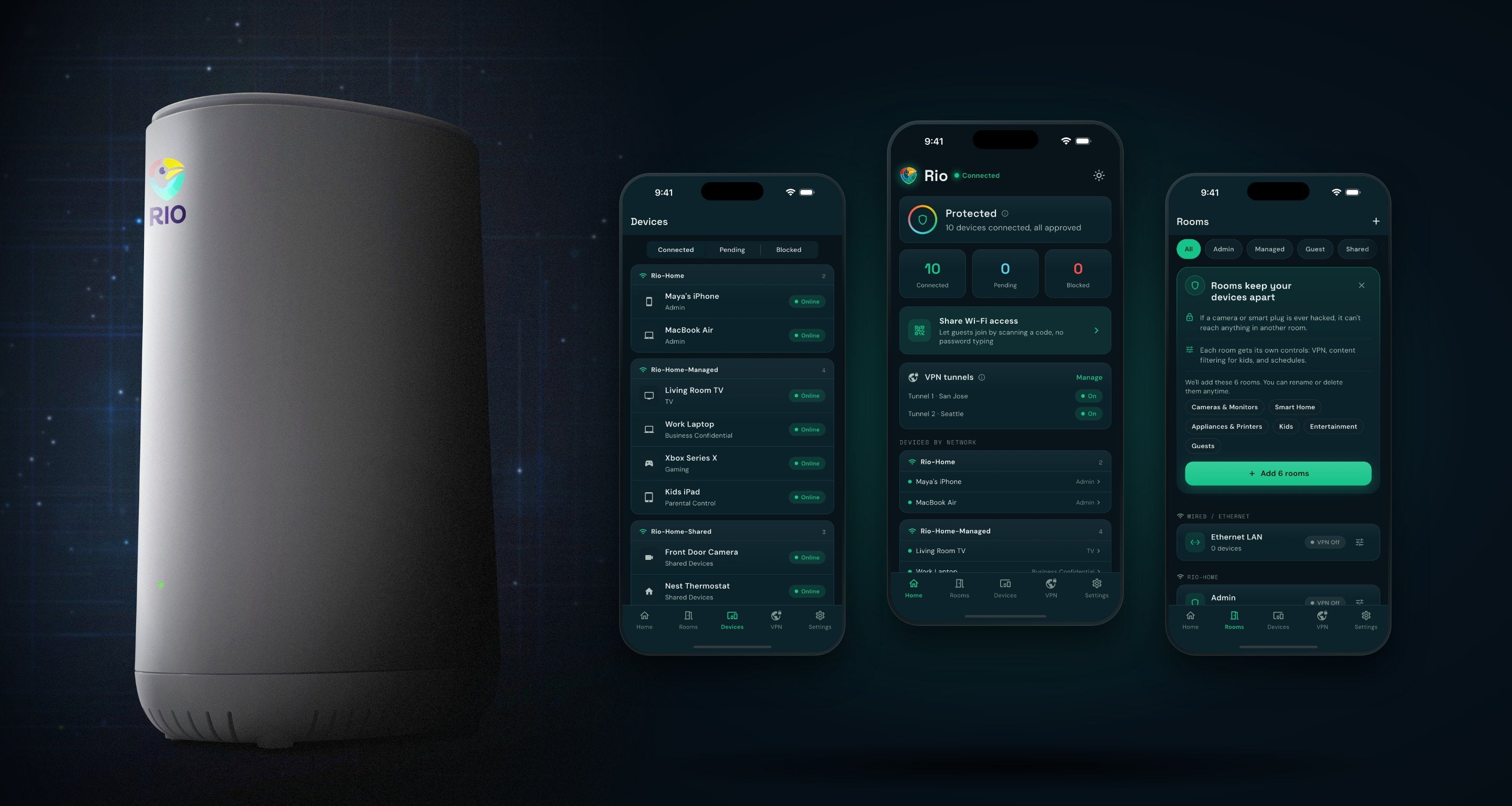 Rio router with the Rio app Devices, Home and Rooms screens