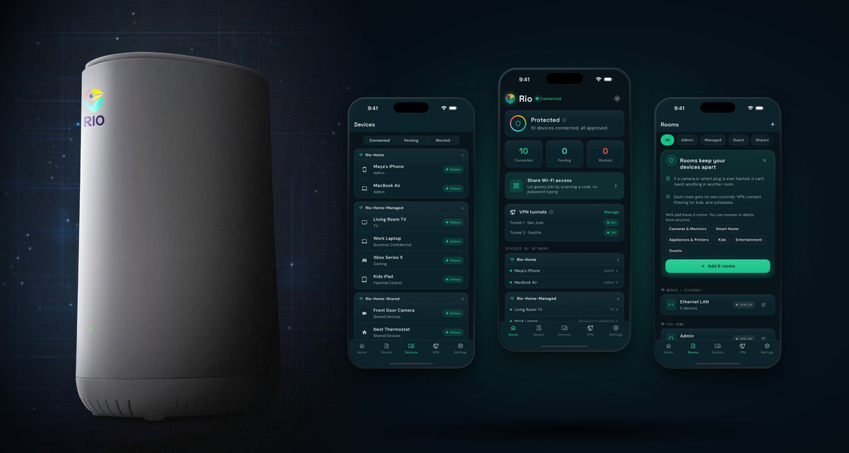 Rio router with the Rio app Devices, Home and Rooms screens