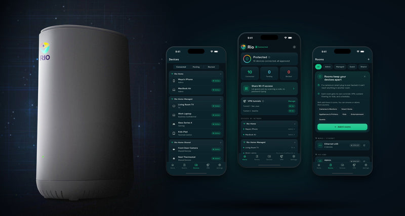 Rio router with the Rio app Devices, Home and Rooms screens