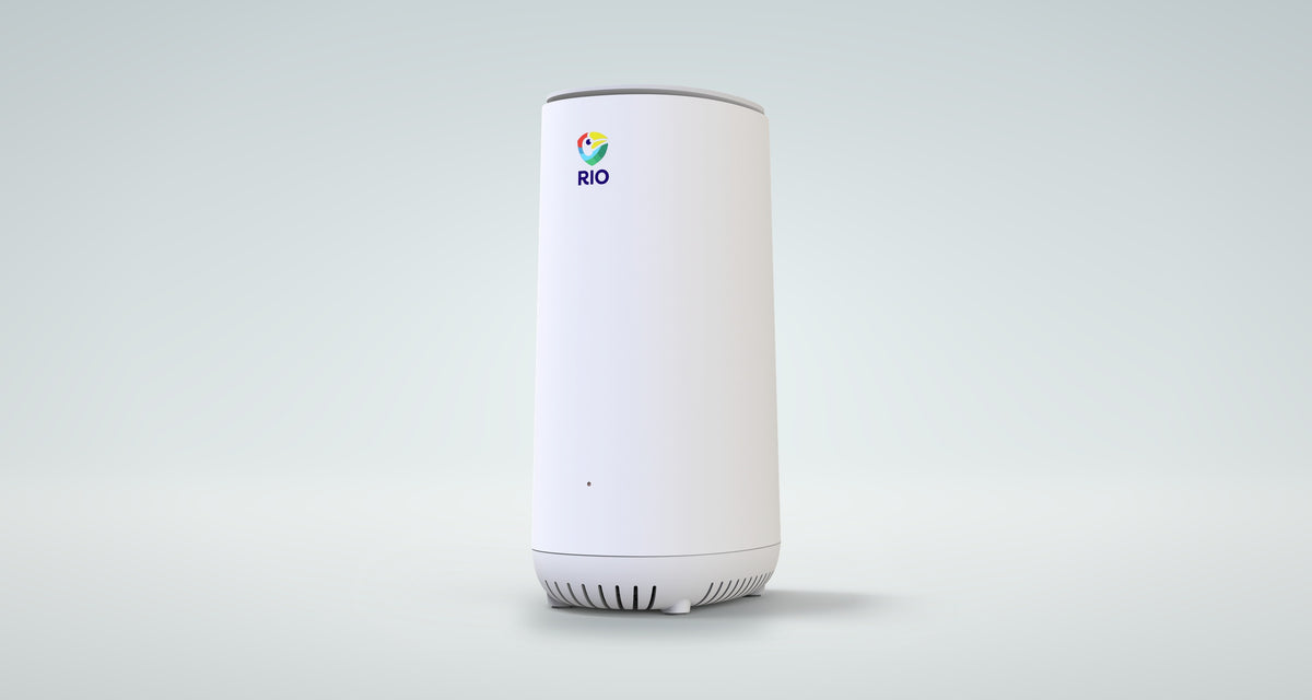 Rio Cybersecurity Wi-Fi Router, white, on a soft grey studio background