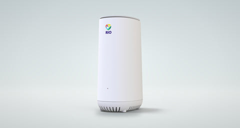 Rio Cybersecurity Wi-Fi Router, white, on a soft grey studio background