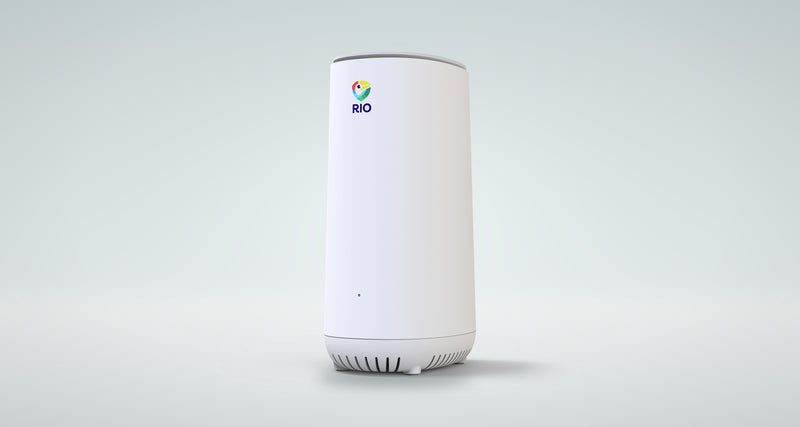 Rio Cybersecurity Wi-Fi Router, white, on a soft grey studio background