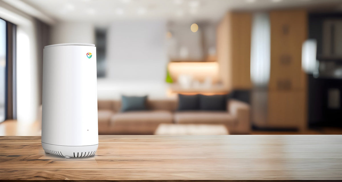 Rio router on a wooden table in a bright living room