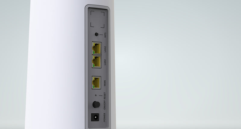Back panel of the Rio router: WPS button, two LAN ports, WAN port, reset, power switch and power input