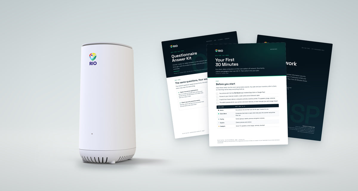 Rio router with the Rio for Tax Pros kit: Your First 30 Minutes, Questionnaire Answer Kit and WISP Network Pack
