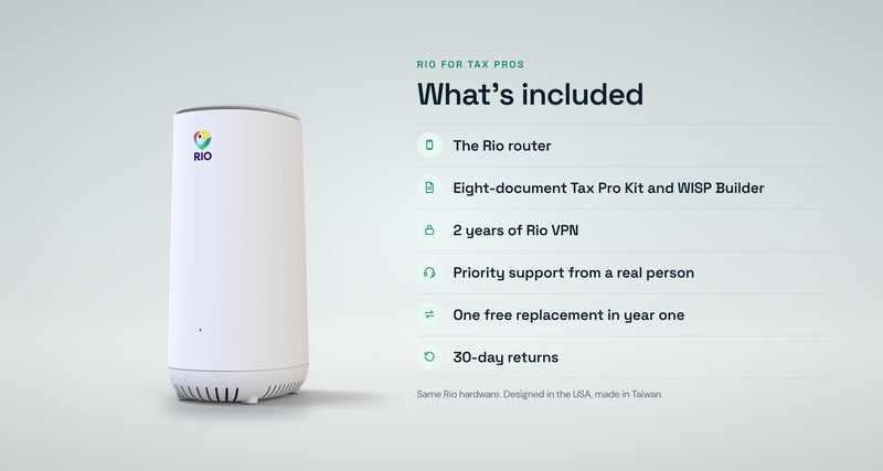 What's included with Rio for Tax Pros: the Rio router, eight-document Tax Pro Kit and WISP Builder, 2 years of Rio VPN, priority support, one free replacement in year one and 30-day returns