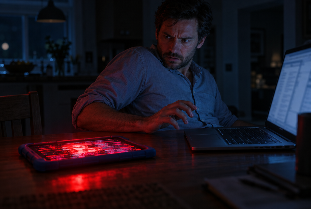 A father looks warily at a glitching tablet beside his work laptop