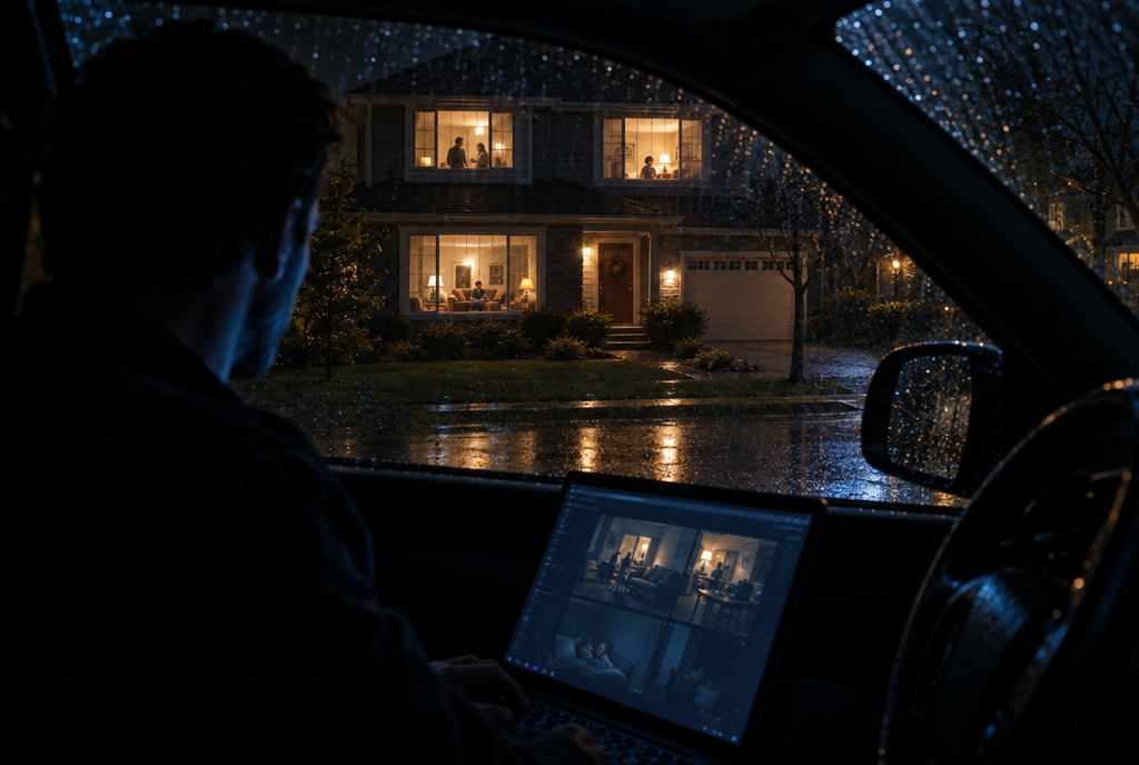 A stranger in a parked car with a laptop watches a family home at night