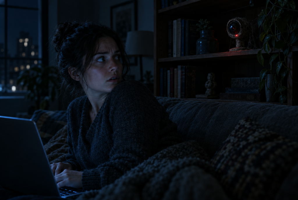 A woman glances uneasily at an old security camera on her bookshelf