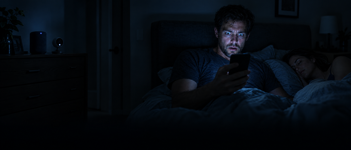 A man in bed at 2am stares at his phone in shock while a smart speaker and camera glow in the dark