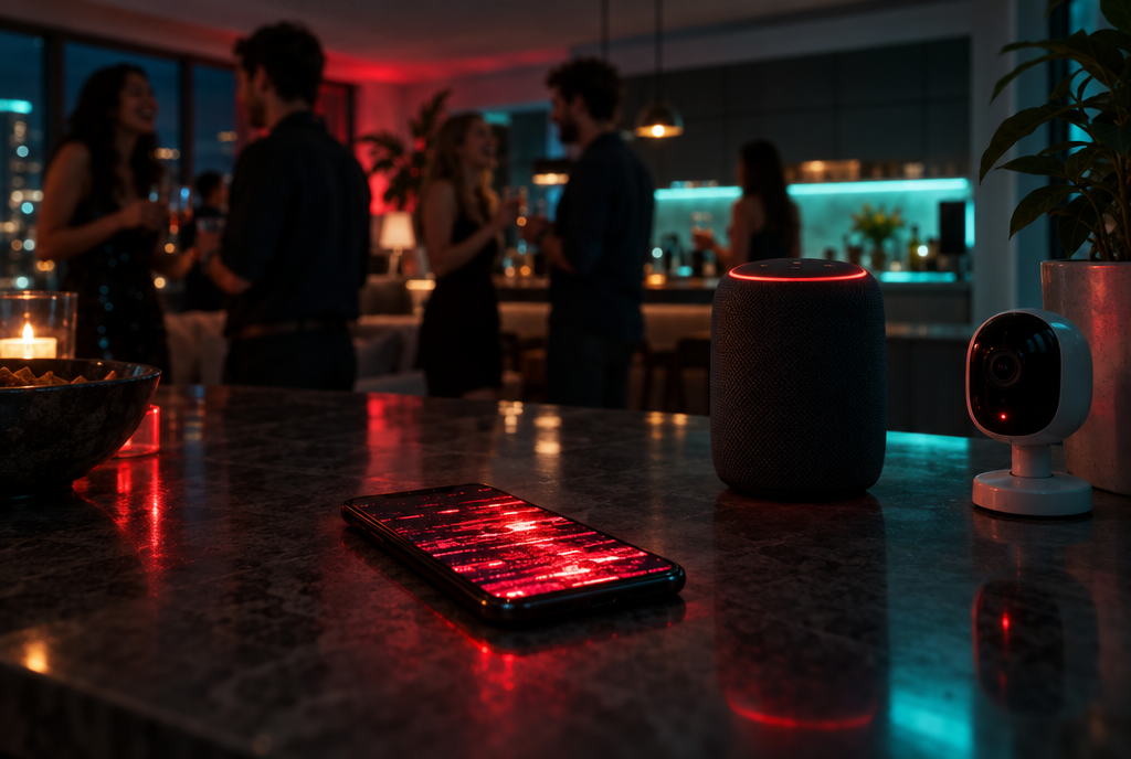 A guest's glitching phone sits beside a smart speaker and camera at a party