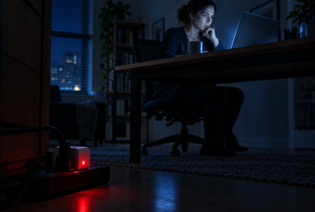 A cheap smart plug glows red under a remote worker's desk