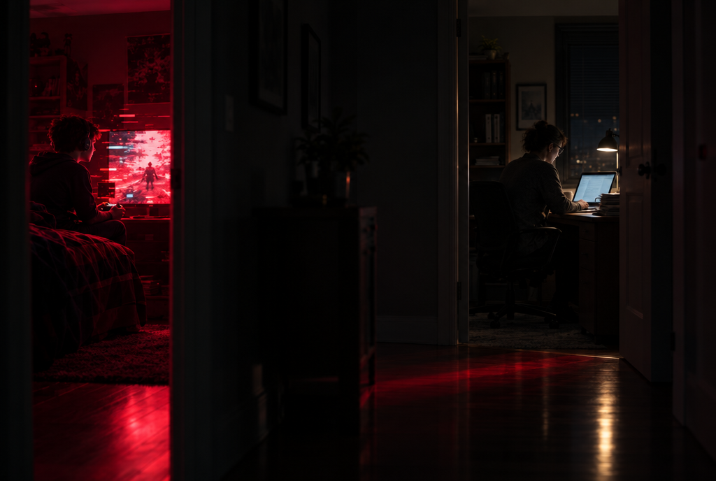 Red light from a teen's game spills down the hall toward a parent's home office