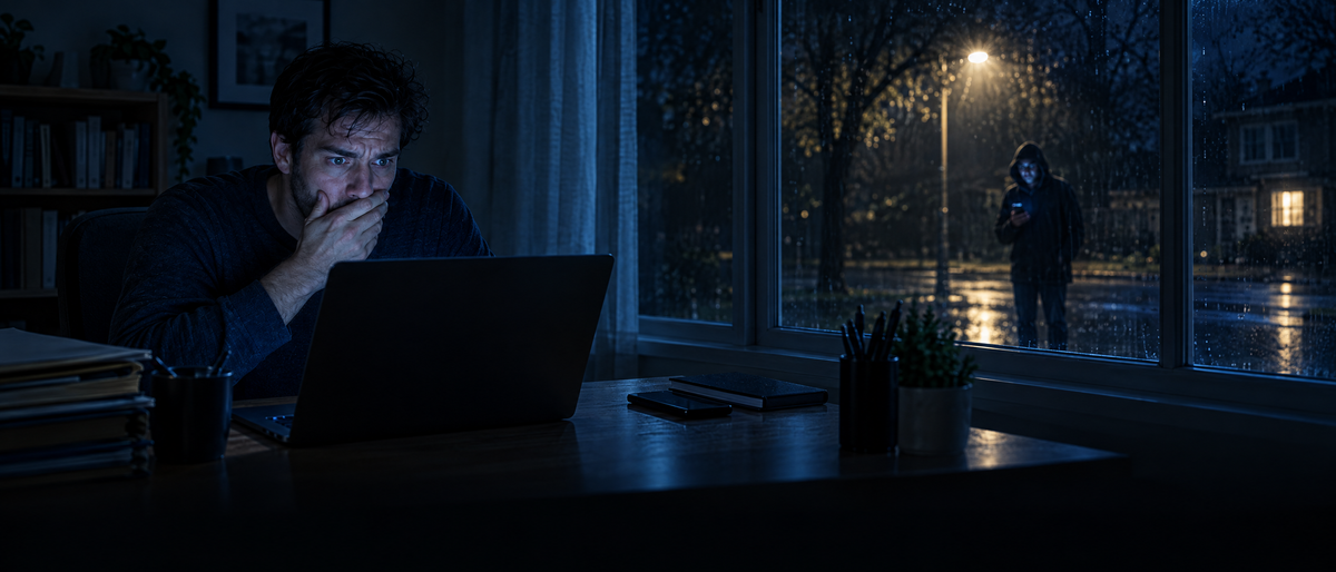 A remote worker in shock at his laptop while a hooded figure with a phone stands outside in the rain