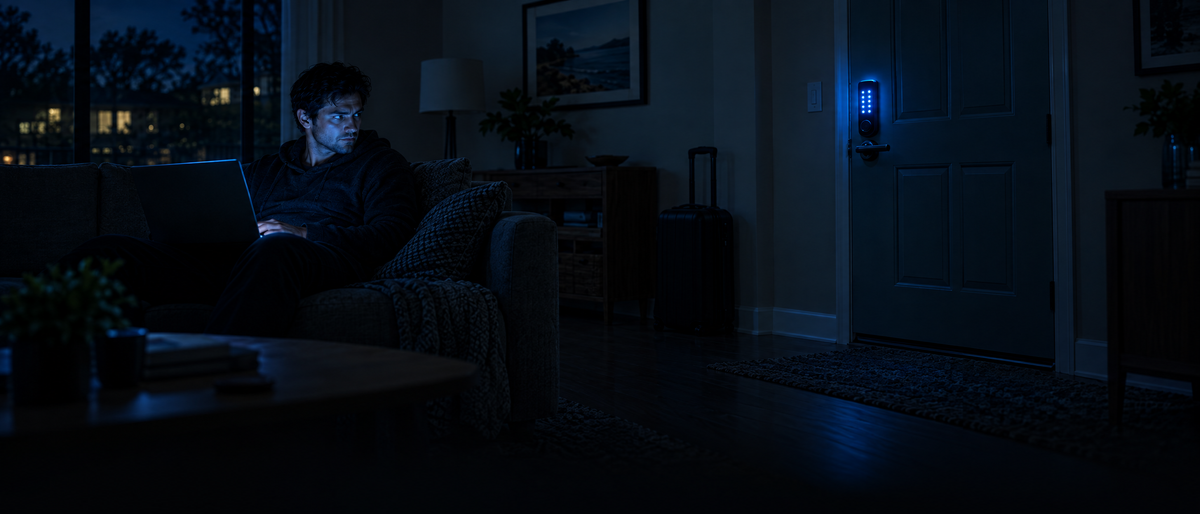 A rental guest on a laptop eyes the glowing smart lock on the front door