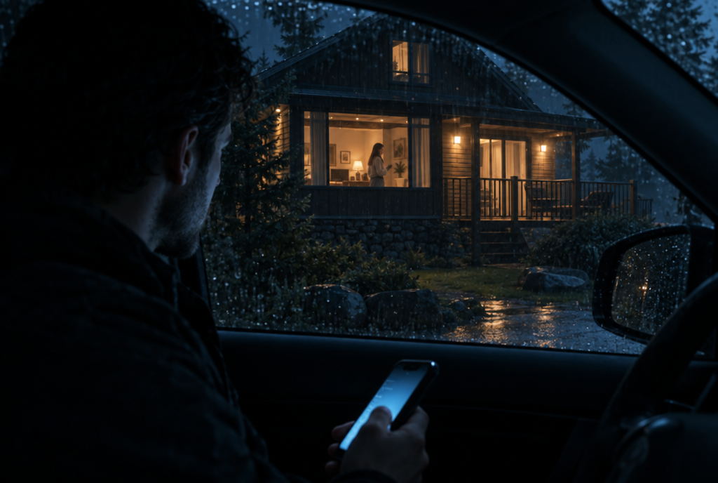 A man in a parked car with a phone watches a vacation rental at night