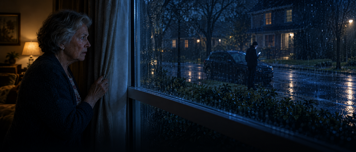 An older woman at her curtain watches a stranger with a phone across the rainy street