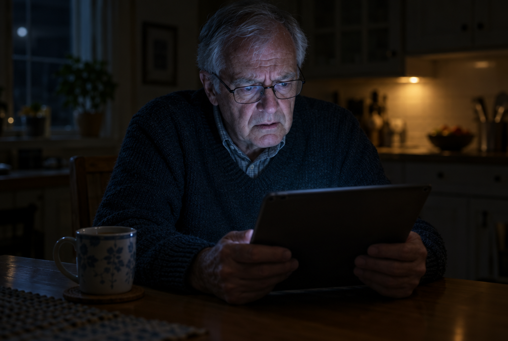 An older man frowns at something worrying on his tablet