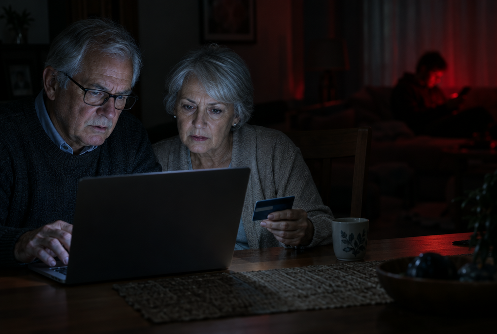 An older couple banks online while a visitor's phone glows in the background