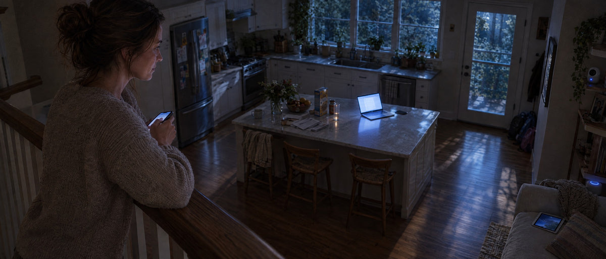 Late at night the same mother looks down at her dark, empty kitchen where a laptop and tablet still glow