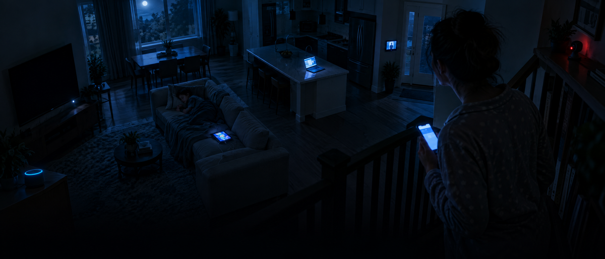 A mother on the dark stairs at 1 a.m. looks down at a home full of glowing gadgets, one camera's light red