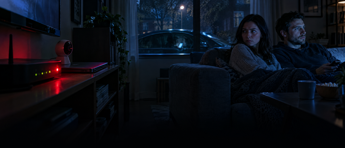 A couple on the sofa at night while an old router's red light glows over their laptop and camera, a car with a laptop outside