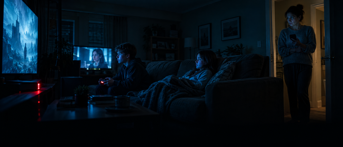 Kids gaming and streaming in a dark living room while their mother watches from the doorway, phone in hand