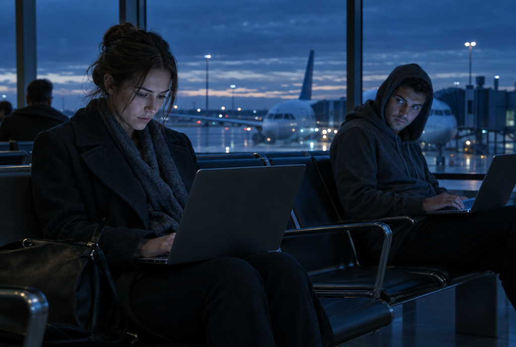 A woman checks her bank on a laptop at an airport gate while a man nearby glances at her screen