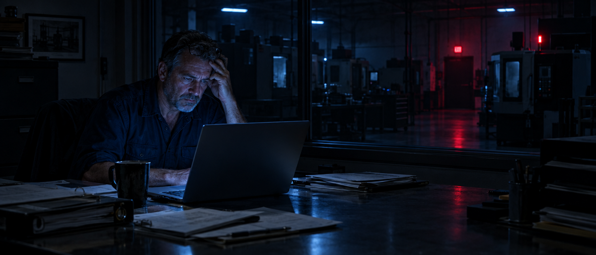 A small machine shop owner alone in his office late at night, reading an email on his laptop, the dark shop floor behind him.