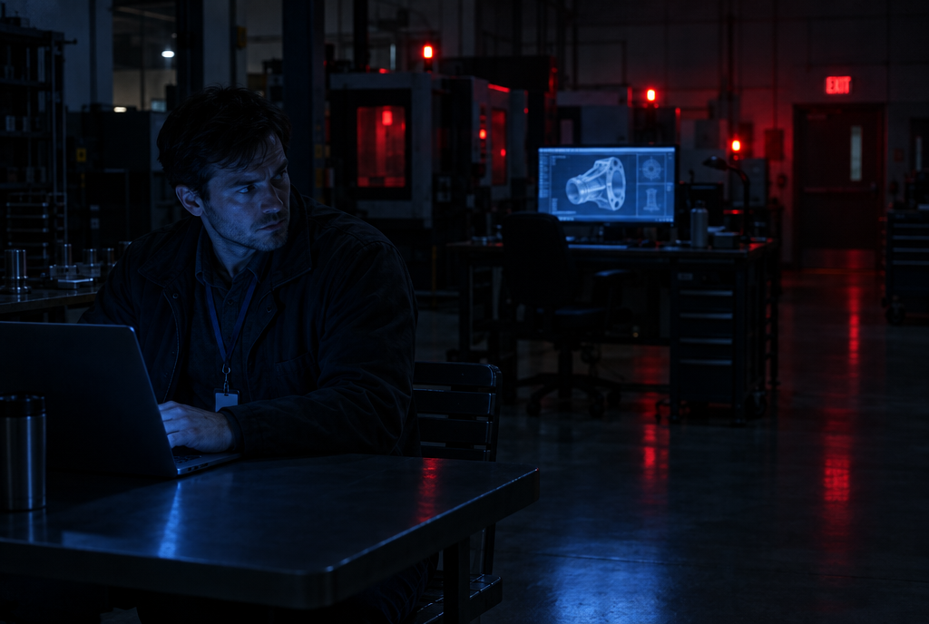 A visitor with a laptop in a machine shop break area, an engineering drawing on an unattended screen behind him.