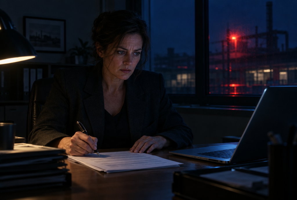A company owner at her desk before dawn, about to sign a form.
