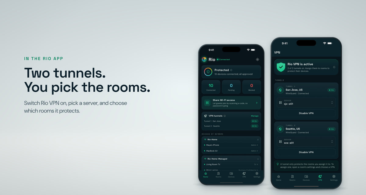 Rio app home screen and VPN screen showing two active tunnels, San Jose and Seattle