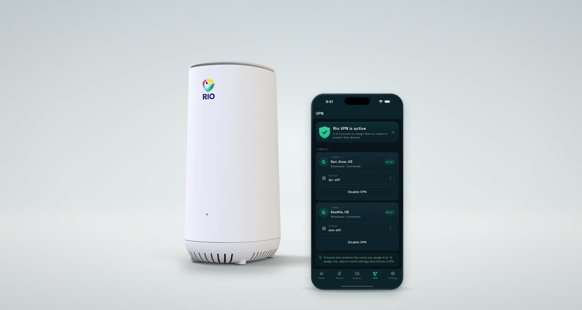 Rio router beside a phone showing the Rio app with Rio VPN active on two tunnels