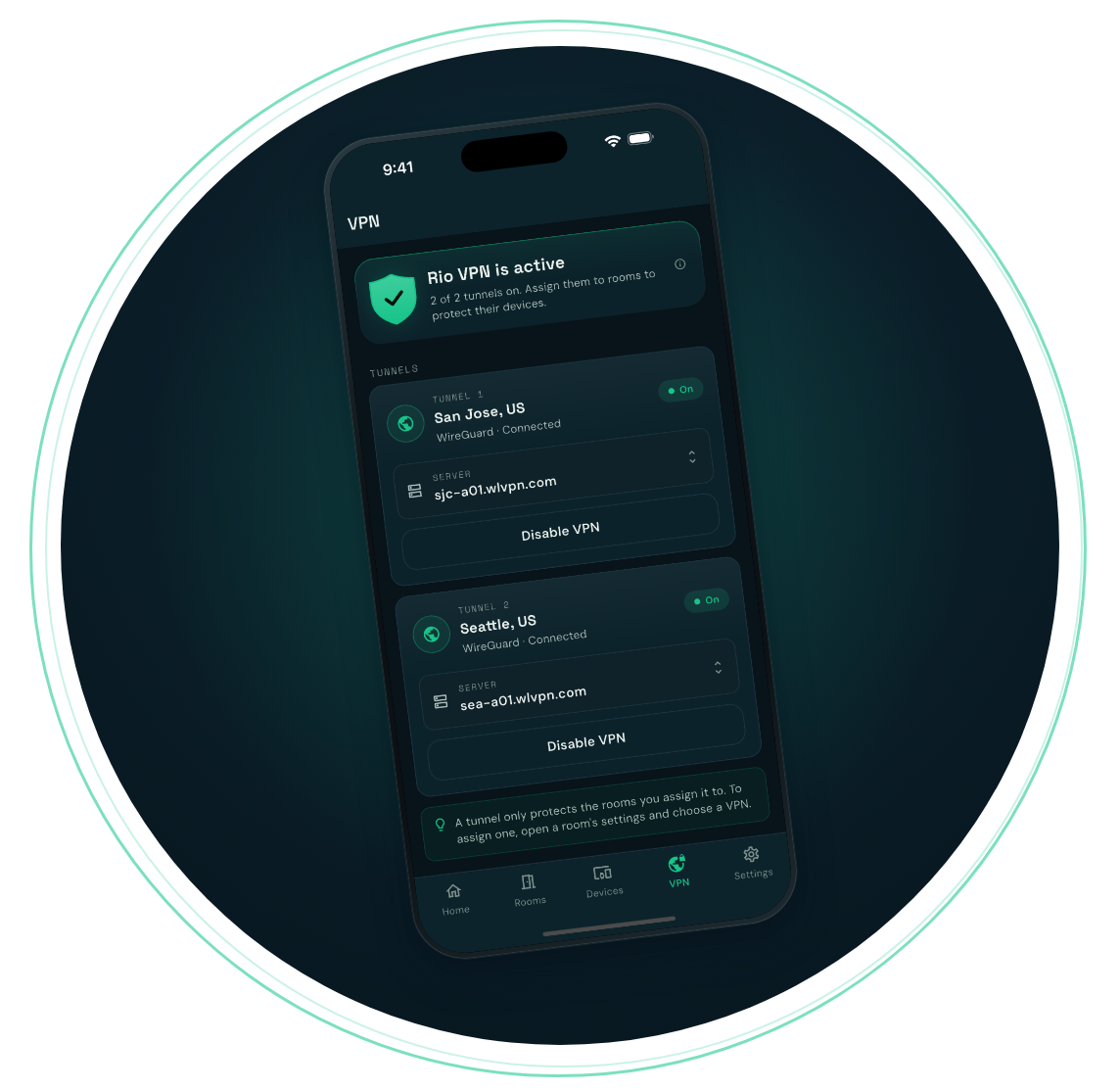 Rio app VPN screen showing two active tunnels