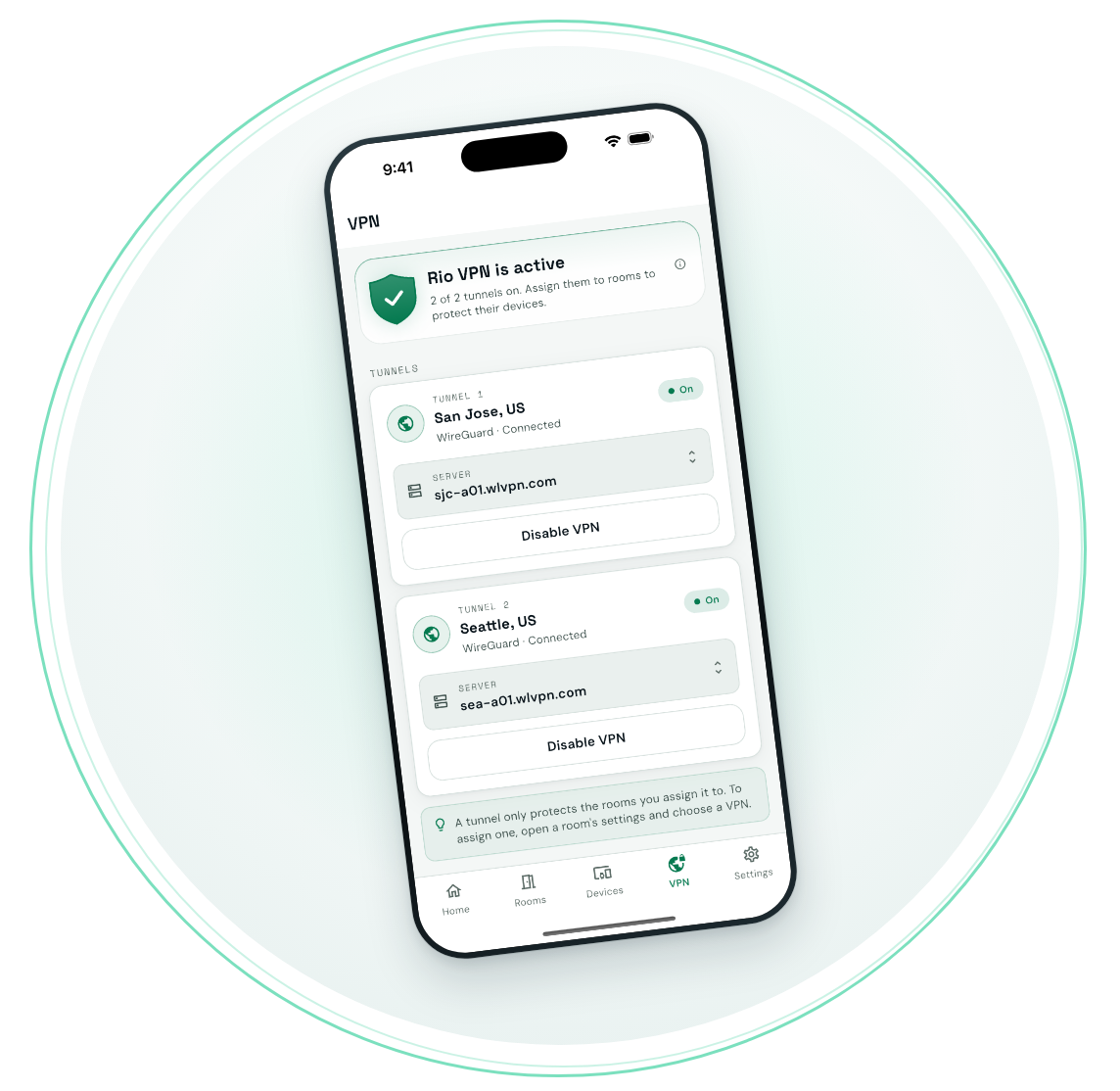 Rio app VPN screen showing two active tunnels