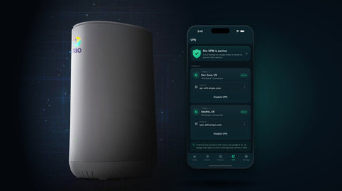 Rio router beside a phone showing Rio VPN active