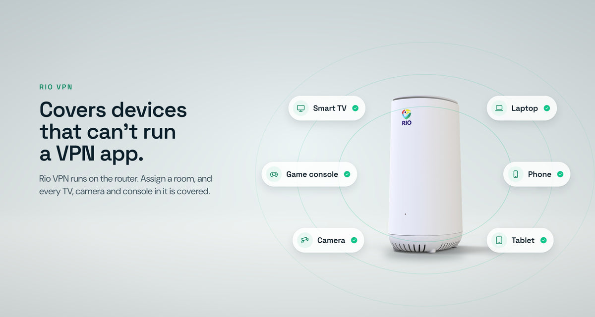 Rio VPN runs on the router, so a smart TV, game console, camera, laptop, phone and tablet in an assigned room are covered