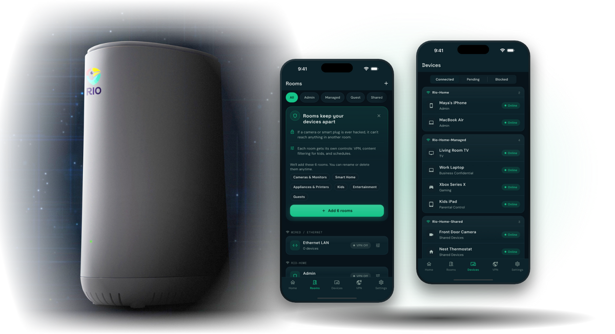Rio router with the Rio app Rooms and Devices screens