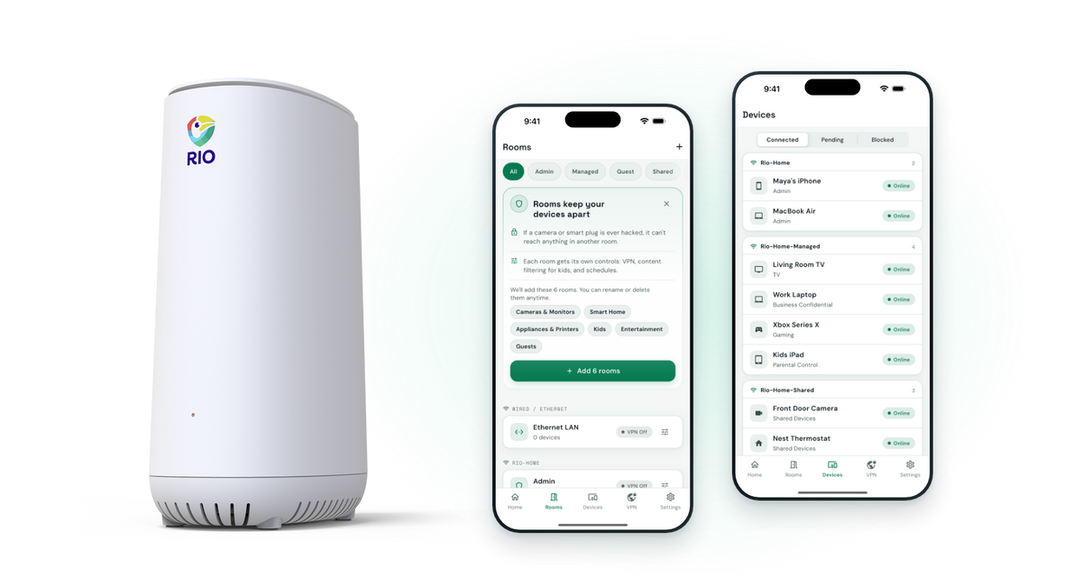 Rio router with the Rio app Rooms and Devices screens