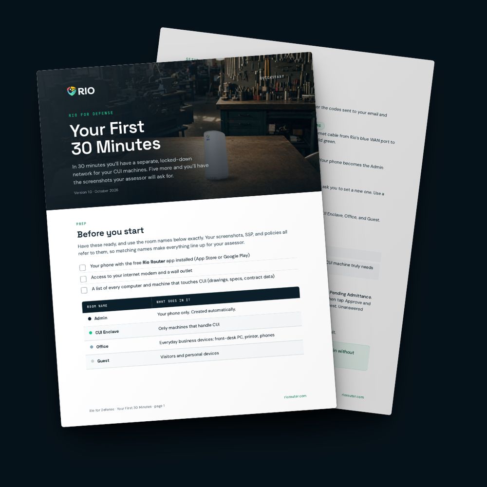The Rio for Defense Quickstart guide, Your First 30 Minutes, with its setup checklist page behind it.
